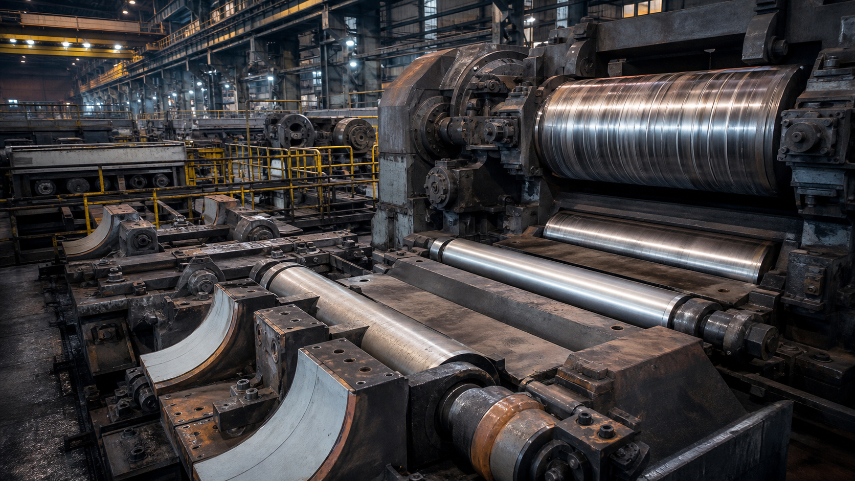 Steel mill rollers and guide surfaces during maintenance showing coating application areas